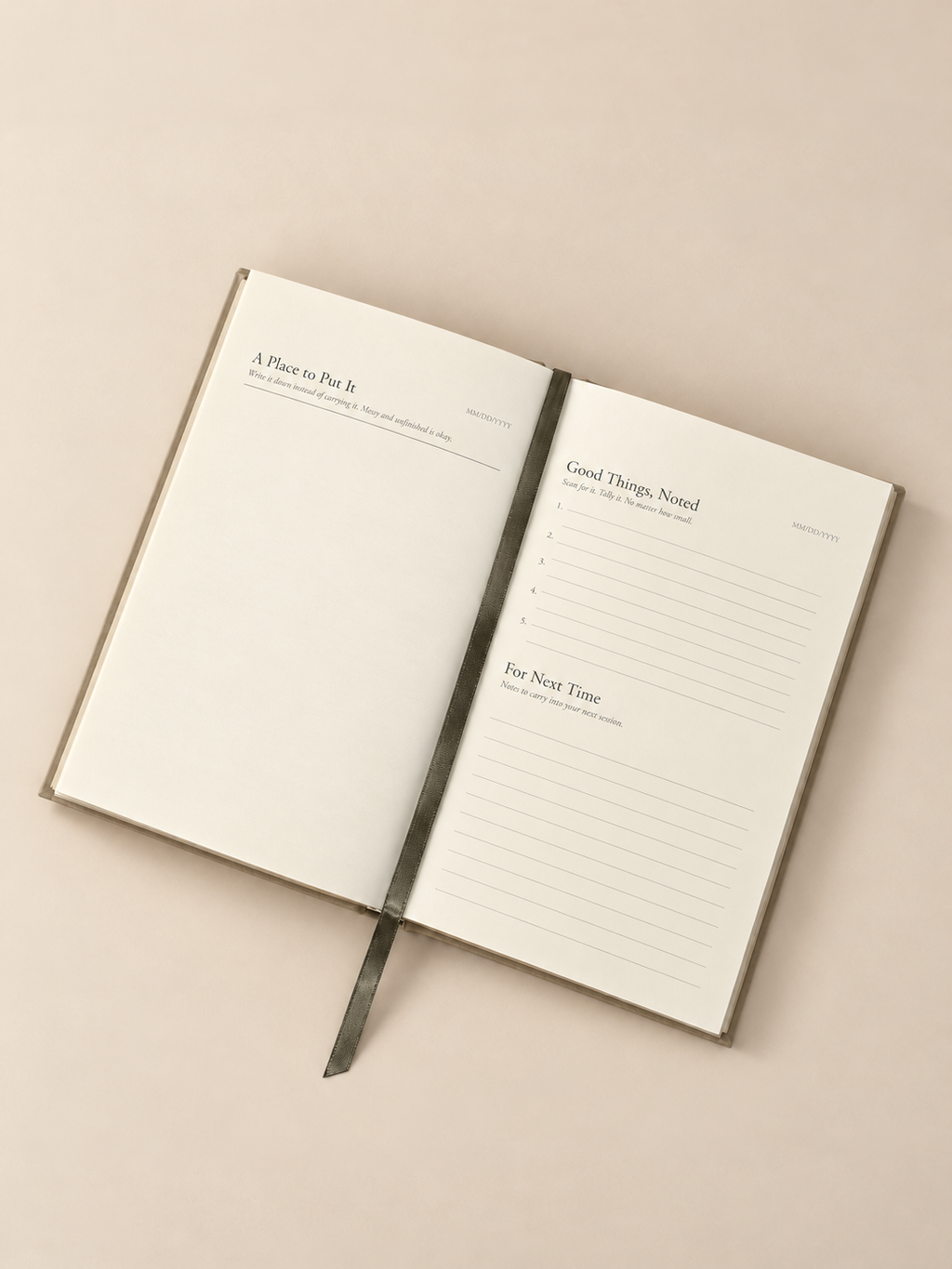 After Therapy Thoughts journal open to A Place to Put It on the left, and Good Things, Noted and For Next Time on the right