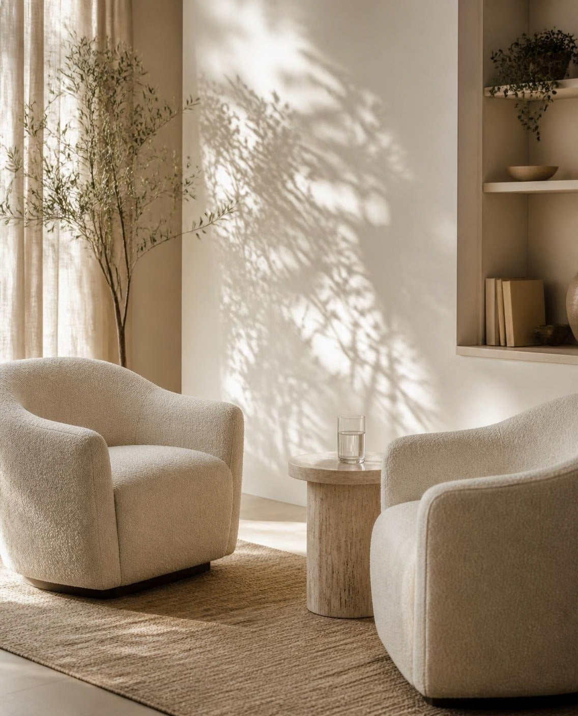 A sunlit, calm room with two cream armchairs facing each other