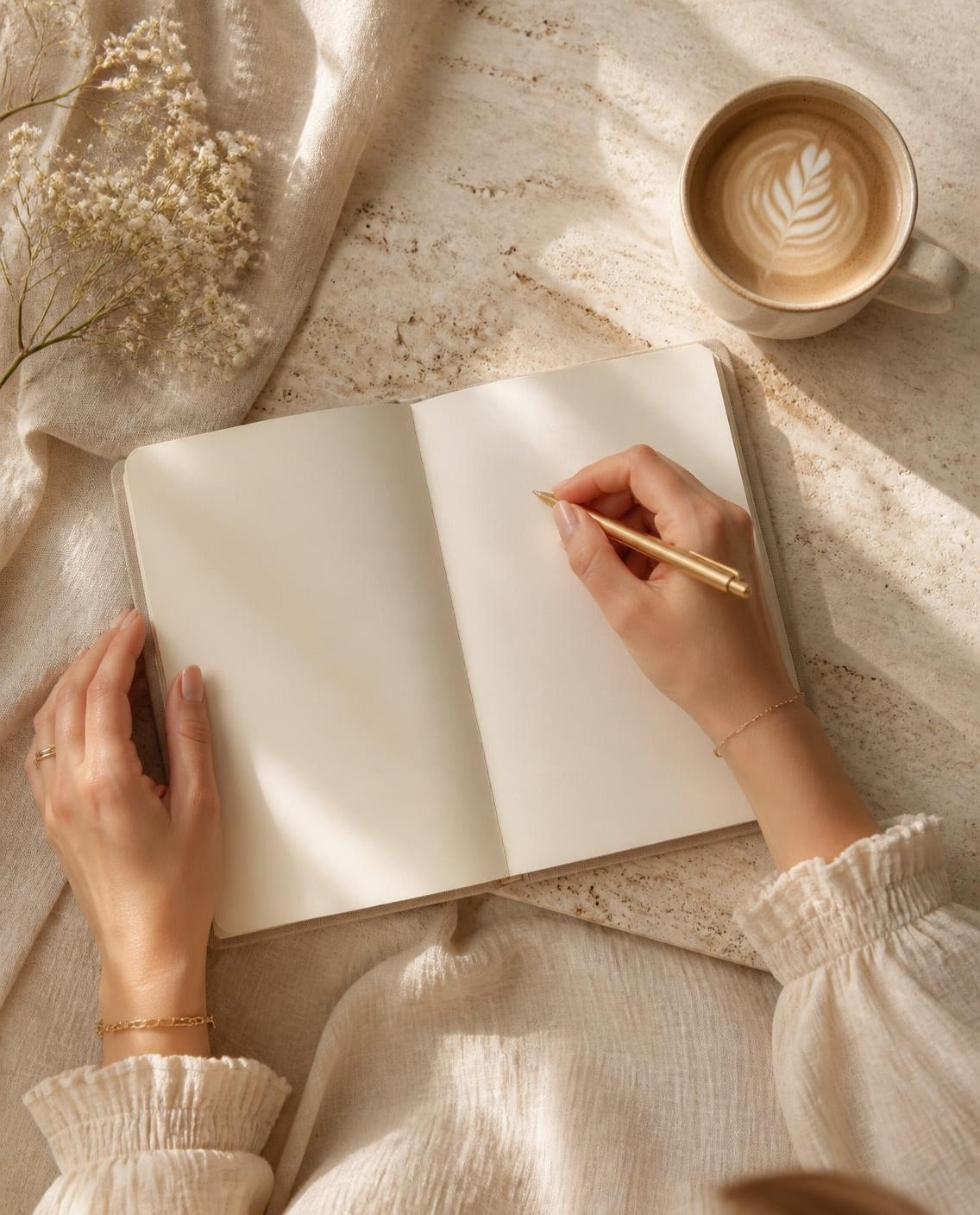 Hands holding a gold pen over a blank cream notebook beside a latte