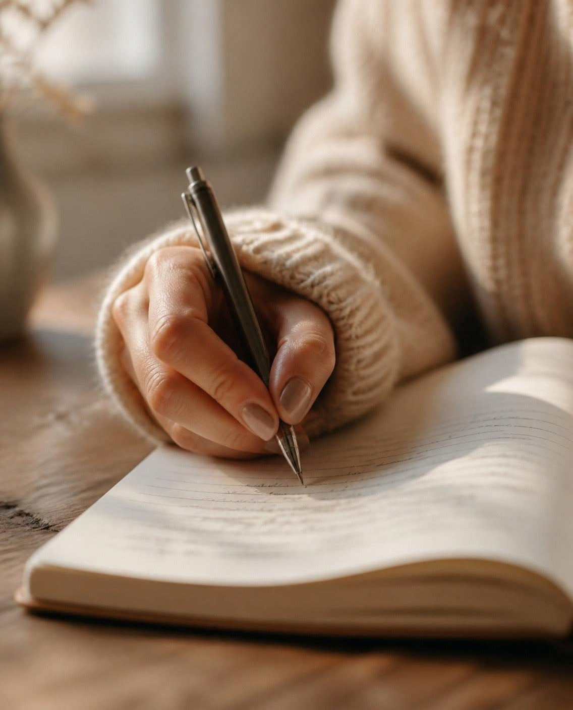 A hand in a cream sweater writing in a notebook